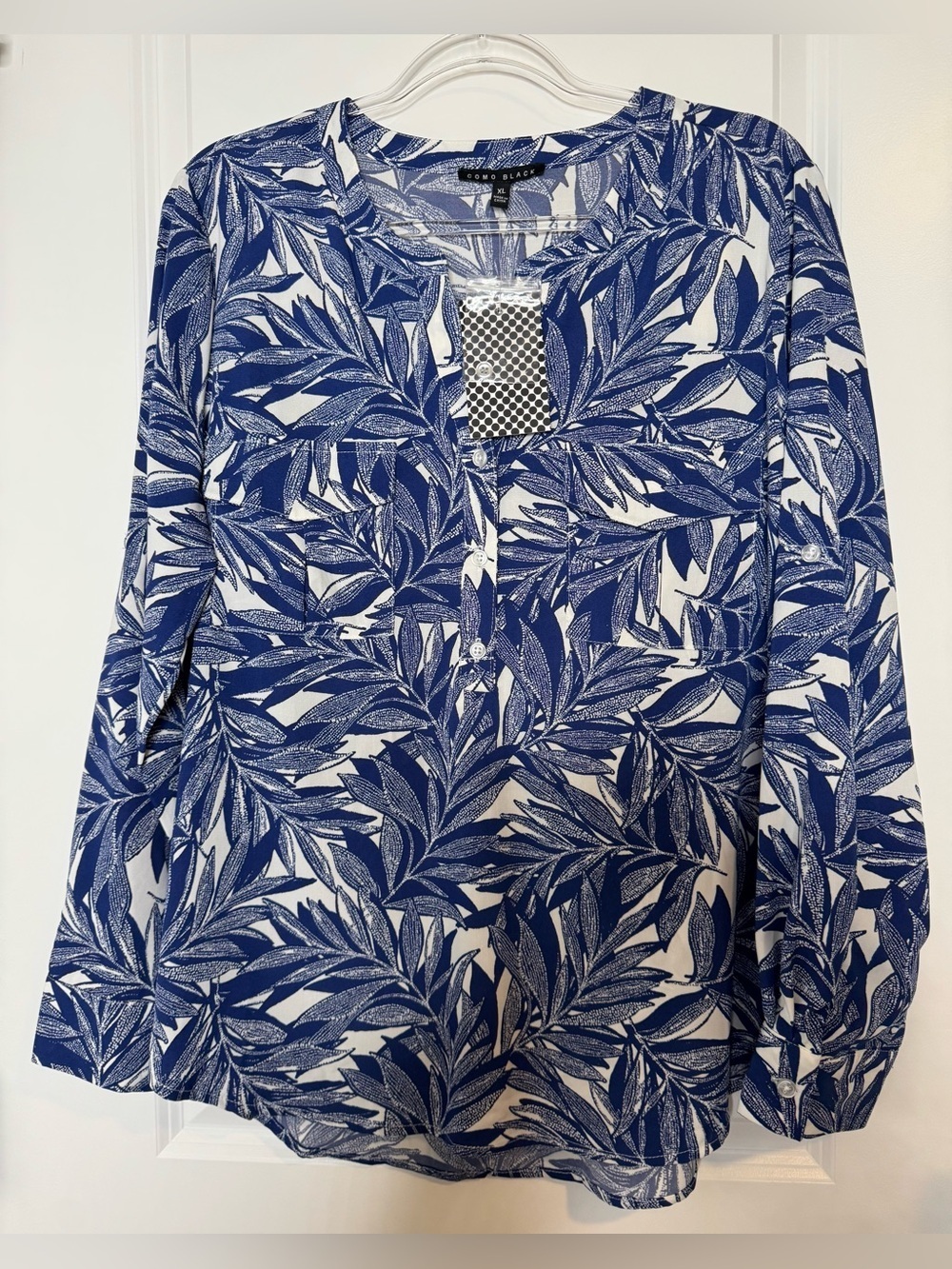 Como black White and Blue tropical Leaf-Print Long-Sleeve Blouse vacation sz xl